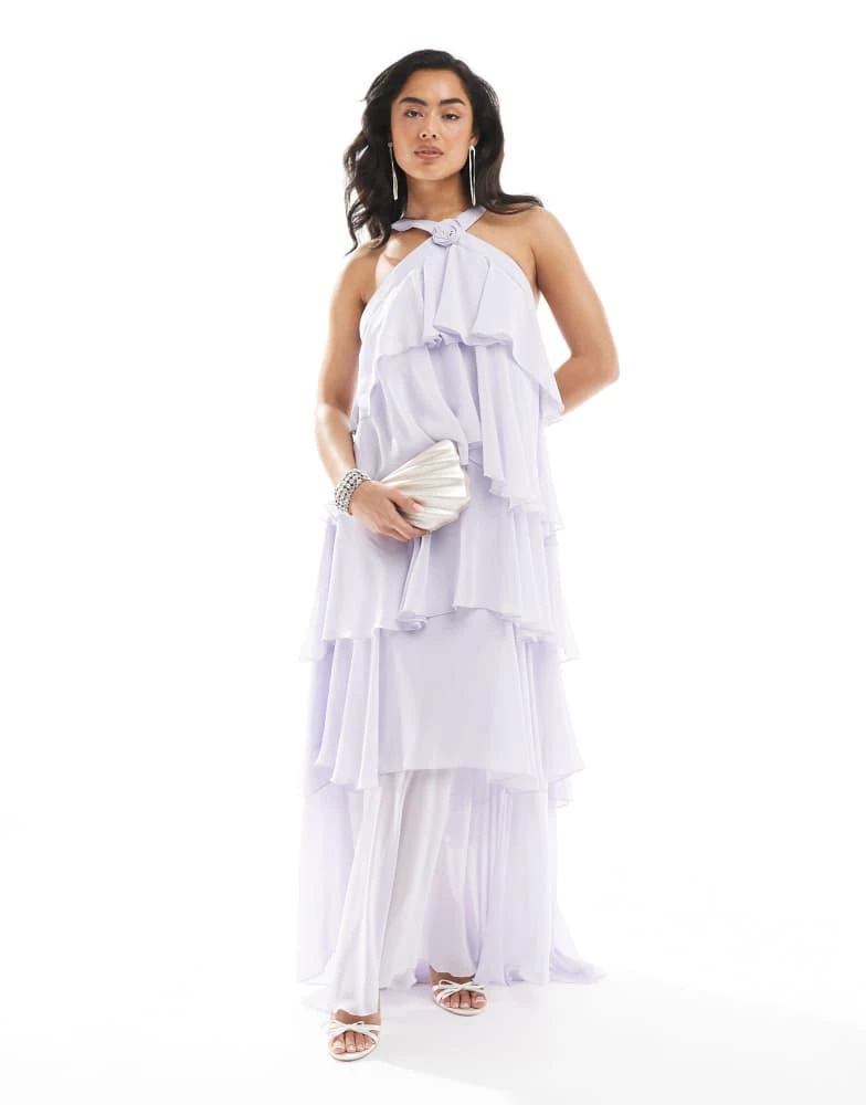 VERO MODA Vero Moda Felicia halter neck tiered maxi dress with corsage detail in lilac 4