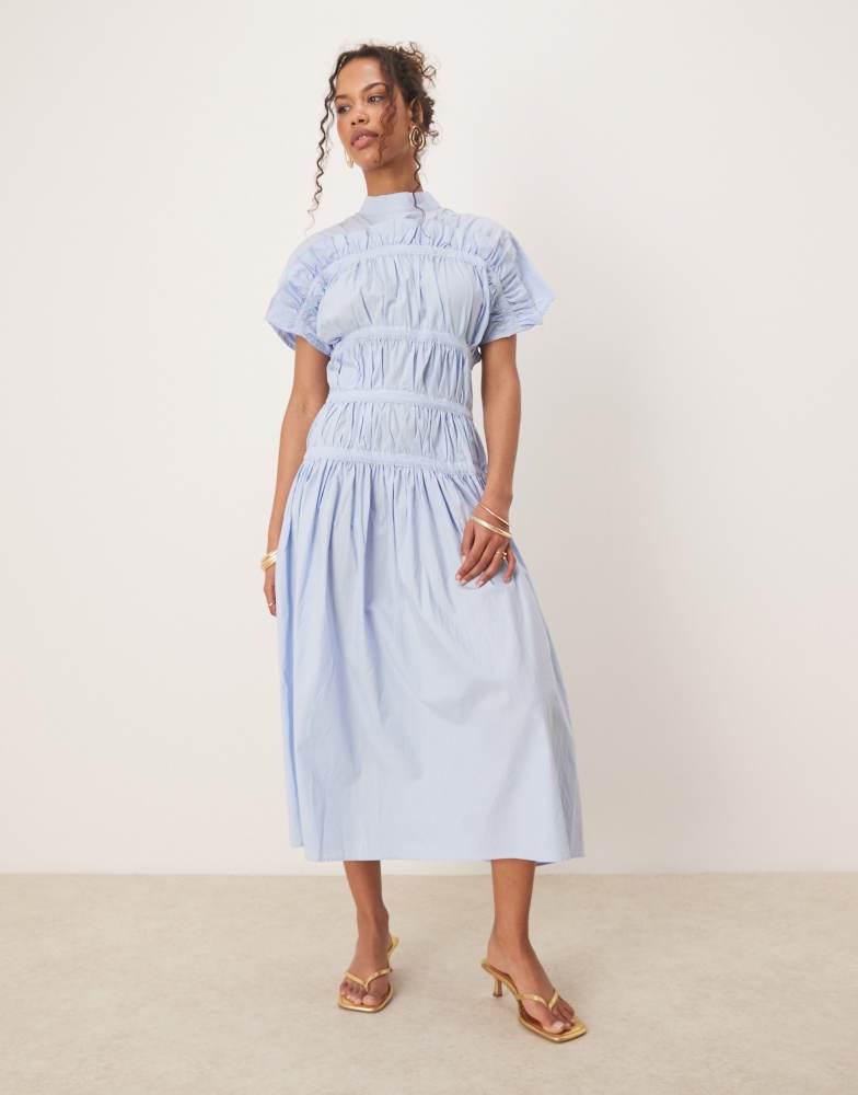 Ghospell Ghospell high neck ruched midi dress in blue