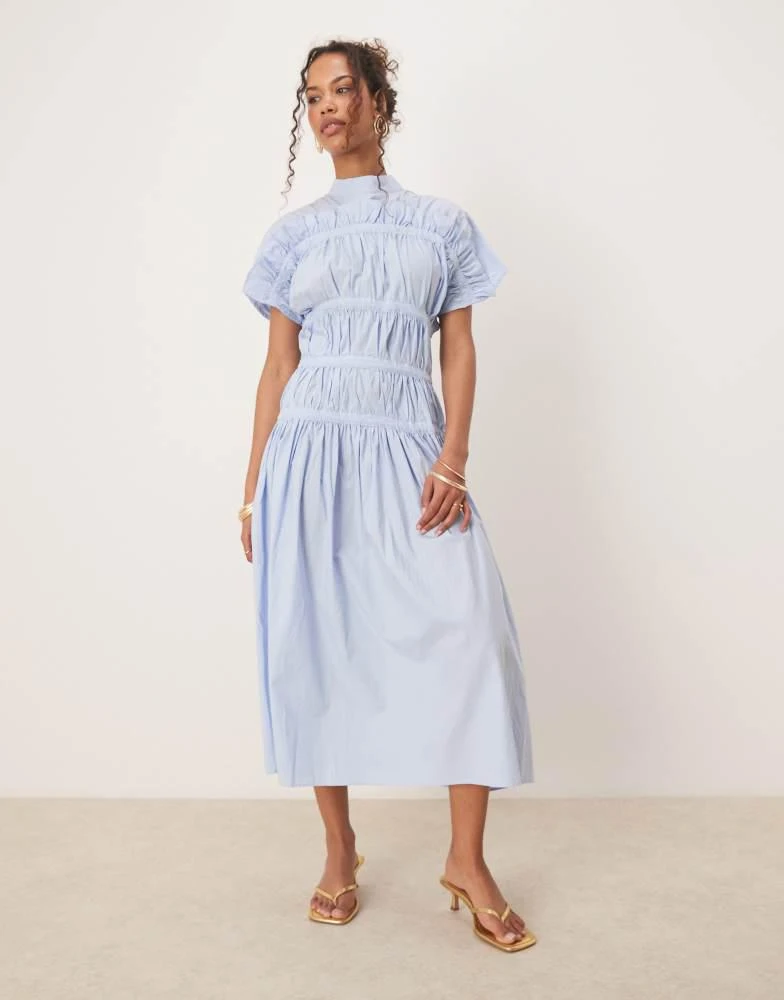 Ghospell Ghospell high neck ruched midi dress in blue 1