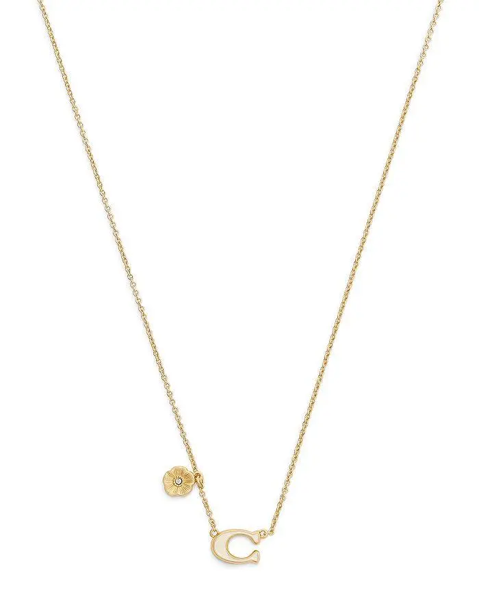Coach Signature C Tea Rose Pendant Necklace, 16-18"