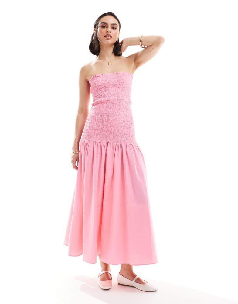 ASOS ASOS DESIGN dropped waist shirred bandeau midi dress in pink