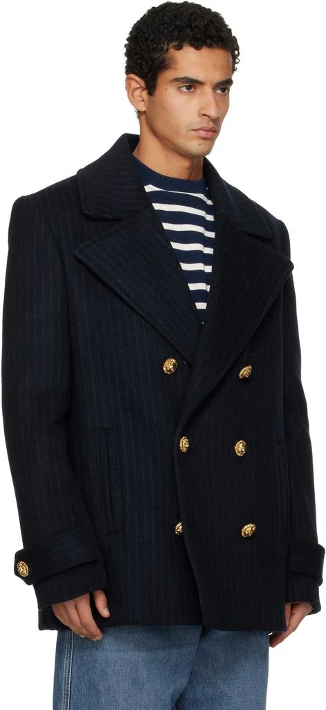 Balmain Navy Short Striped Wool Pea Coat 2