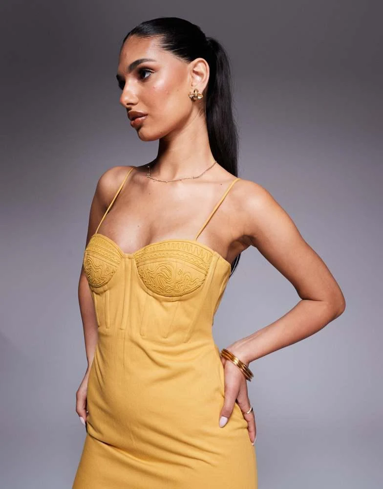 asos yellow embroidered dress ASOS Design Mustard Floral Embroidered Tie Up Back Belted Dress- Size – The  Saved Collection