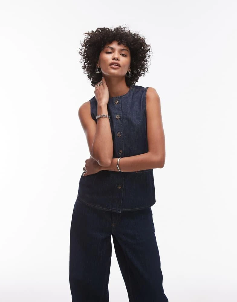 Topshop Topshop denim high neck waistcoat in raw look indigo 2
