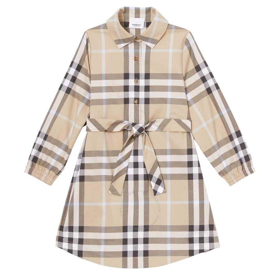 Burberry Girls Pale Sand Check Tie-Waist Shirt Dress