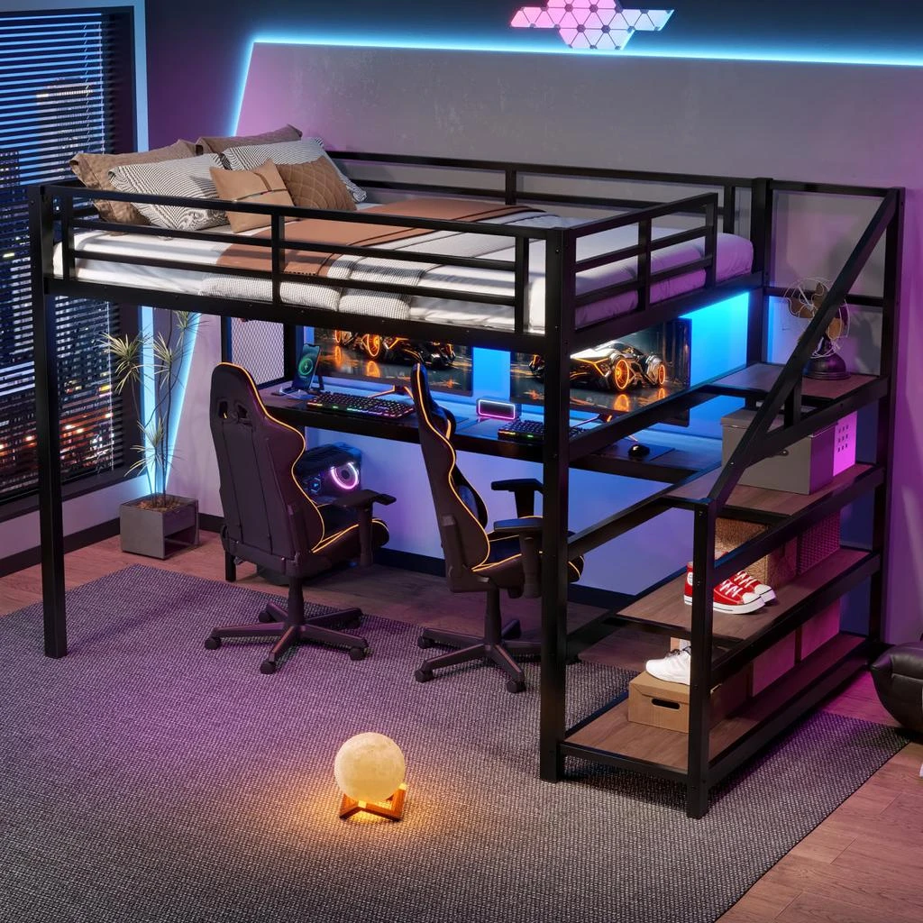 Streamdale Furniture Streamdale Full Loft Bed with Desk, Storage Stairs, LED Lights 
USB Ports, Black 4