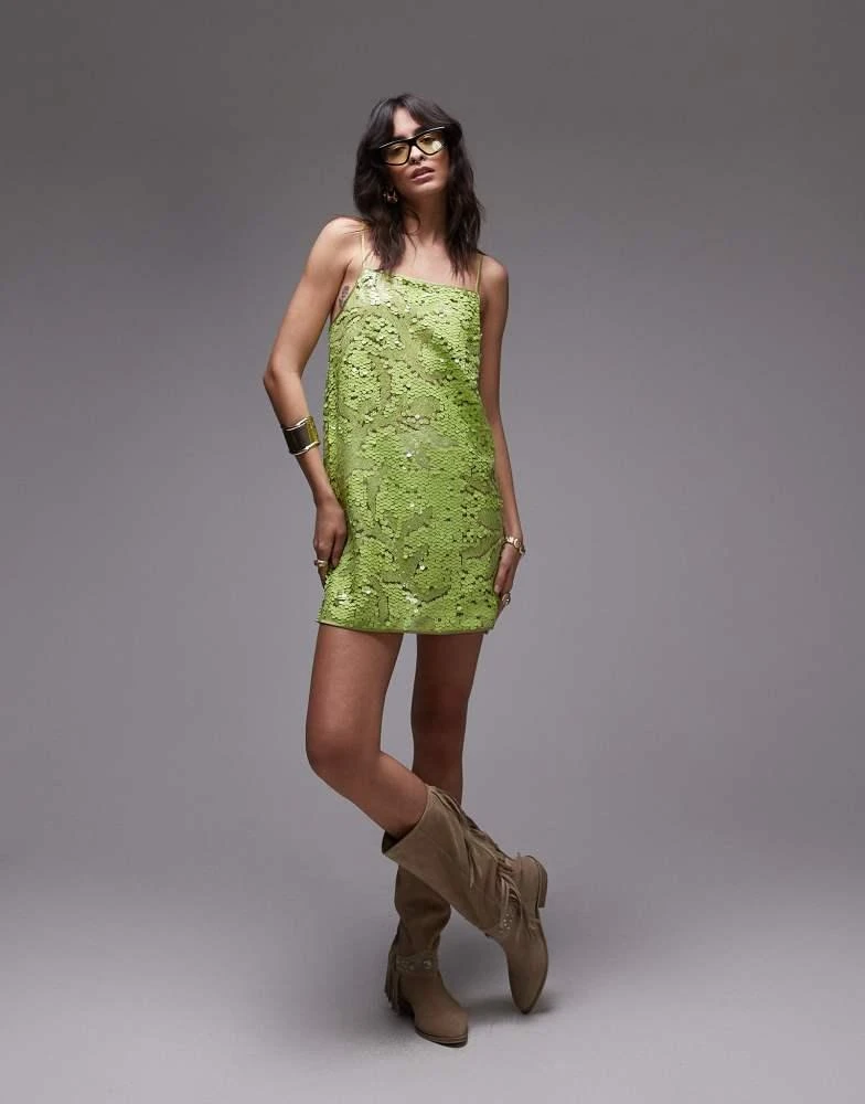 Topshop mixed sequin scoop cami mini dress in green