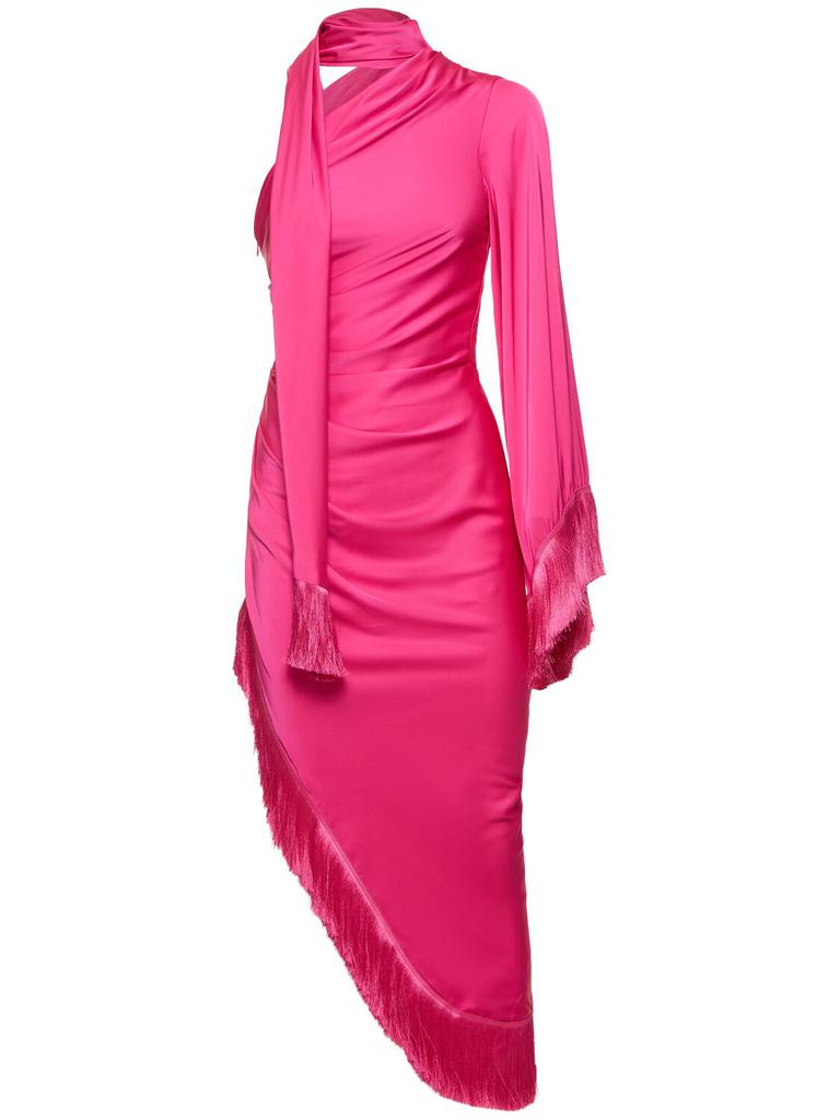 PatBO Fringed Asymmetric One Sleeve Midi Dress