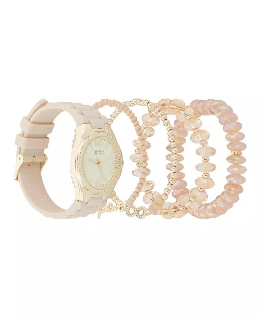 American Exchange Women's Beige Silicone Strap Analog Watch 35mm with Stackable Bracelets Gift Set 2