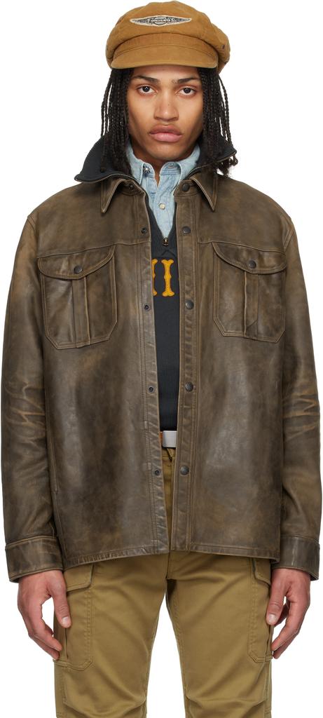 RRL Brown Hand-Distressed Leather Overshirt