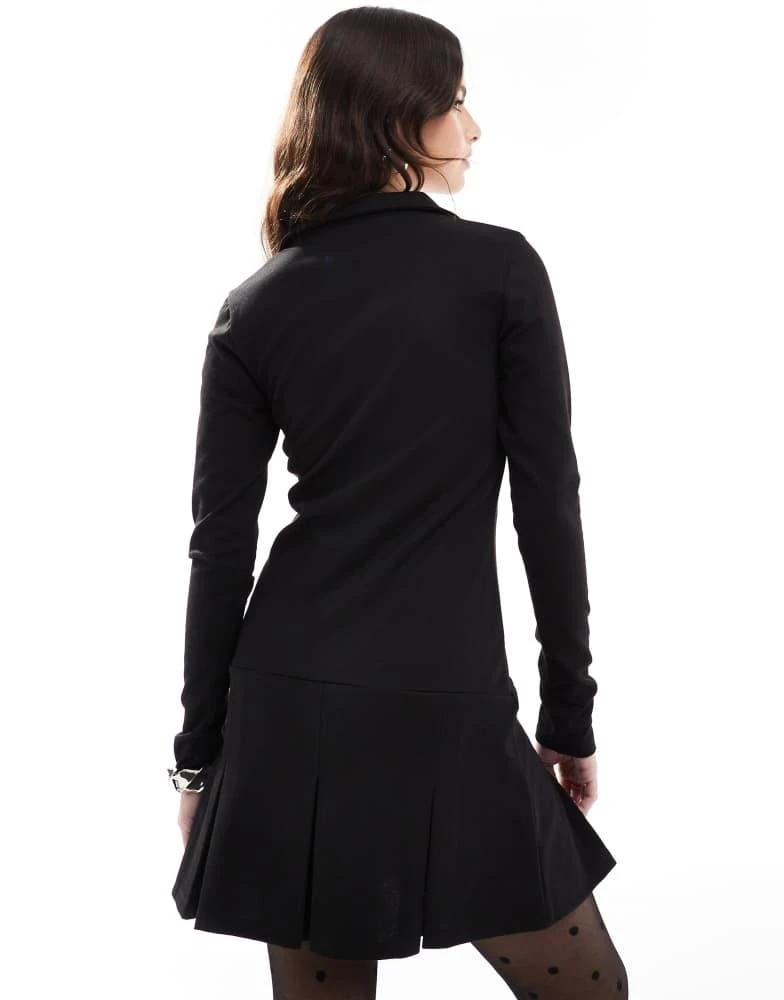 ASOS ASOS DESIGN long sleeve v neck collared mini dress with pleated skirt in black 4