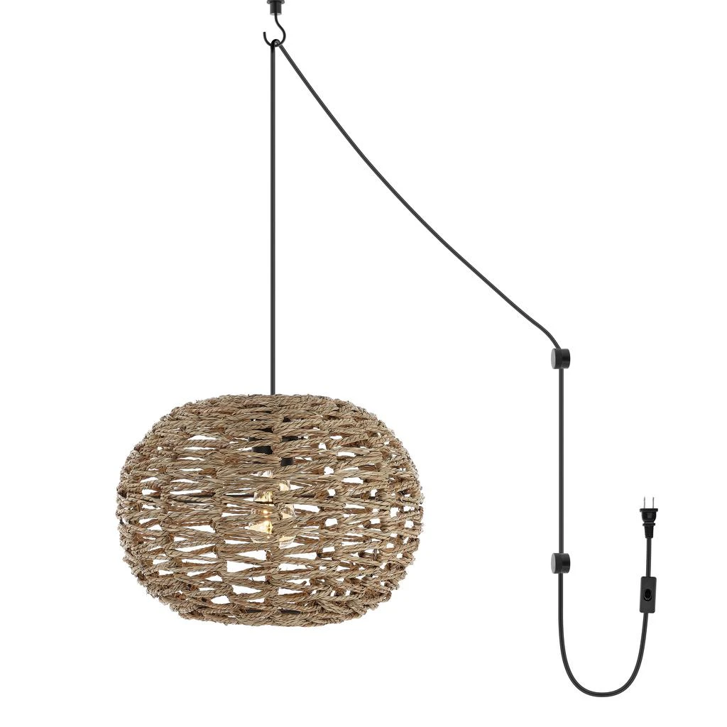 JONATHAN Y Isla 14" 1-Light Farmhouse Coastal Rattan 180" Cord Plug-In or Hardwired LED Pendant 2