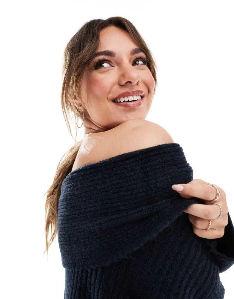 ASOS ASOS DESIGN oversized knitted off shoulder jumper in navy 4
