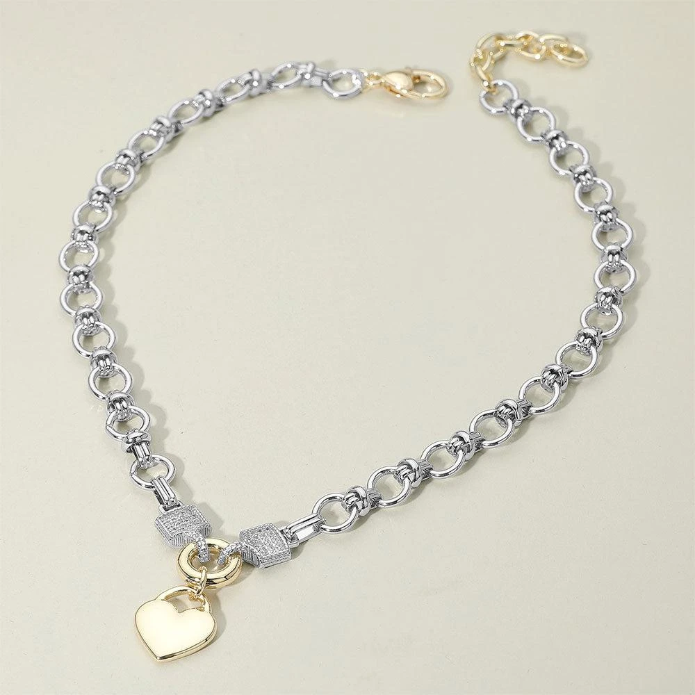 FASHNZFAB 14K Gold Plated Two Tone Heart Pendant CZ Stone Paved Link Chain Necklace 2