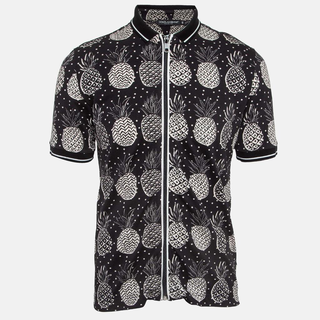 Dolce & Gabbana Dolce & Gabbana Black Pineapple Print Cotton Pique Zipper Polo T-Shirt M