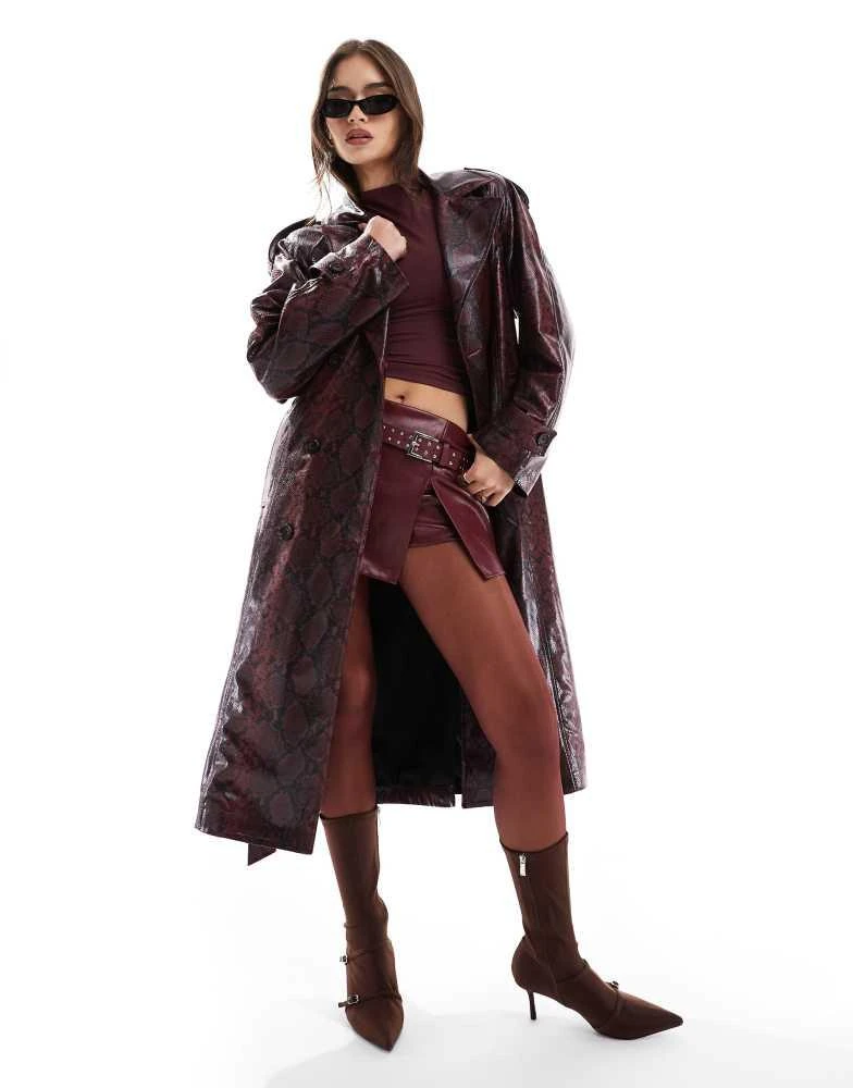 Bershka Bersha snakeskin faux leather trench in burgundy 1