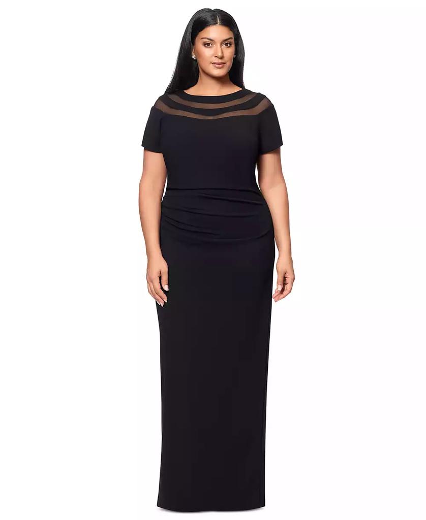 XSCAPE Plus Size Illusion Boat-Neck Short-Sleeve Gown