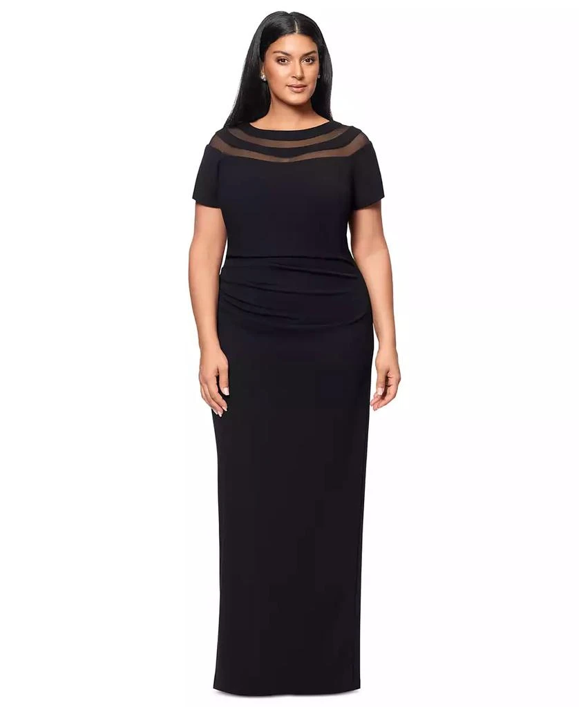 XSCAPE Plus Size Illusion Boat-Neck Short-Sleeve Gown 1