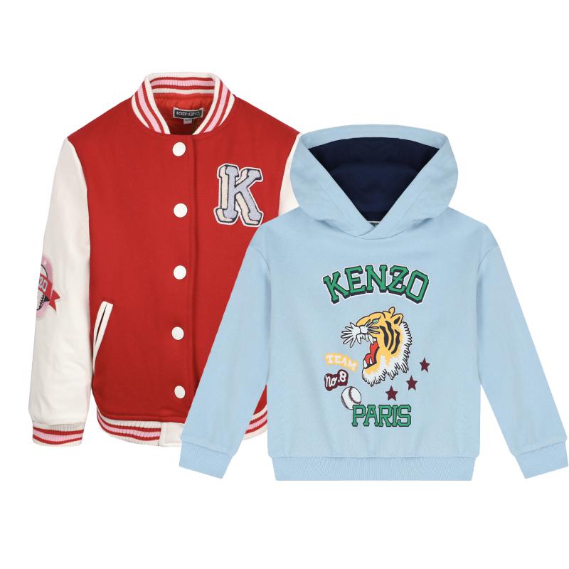 Kenzo Kids Logo tiger print light blue hoodie and front press stud fastening red bomber jacket set BeyondStyle