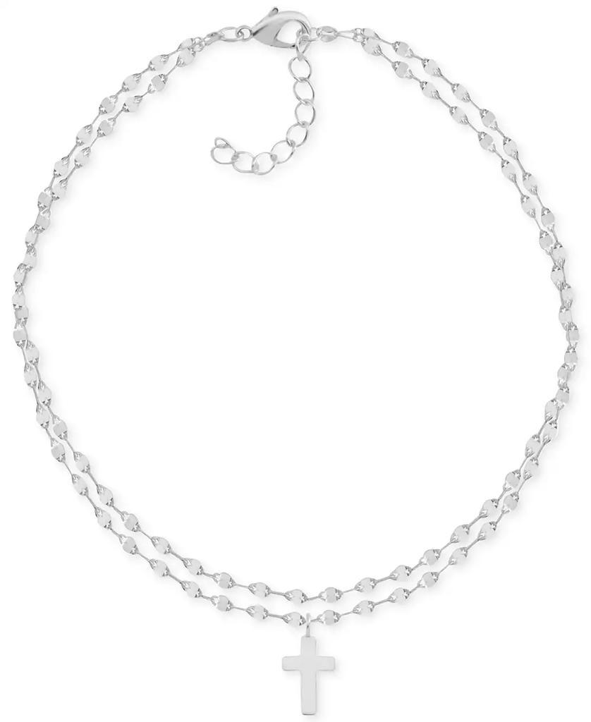 Essentials Two-Row Mirror Chain Cross Silver Plate Anklet