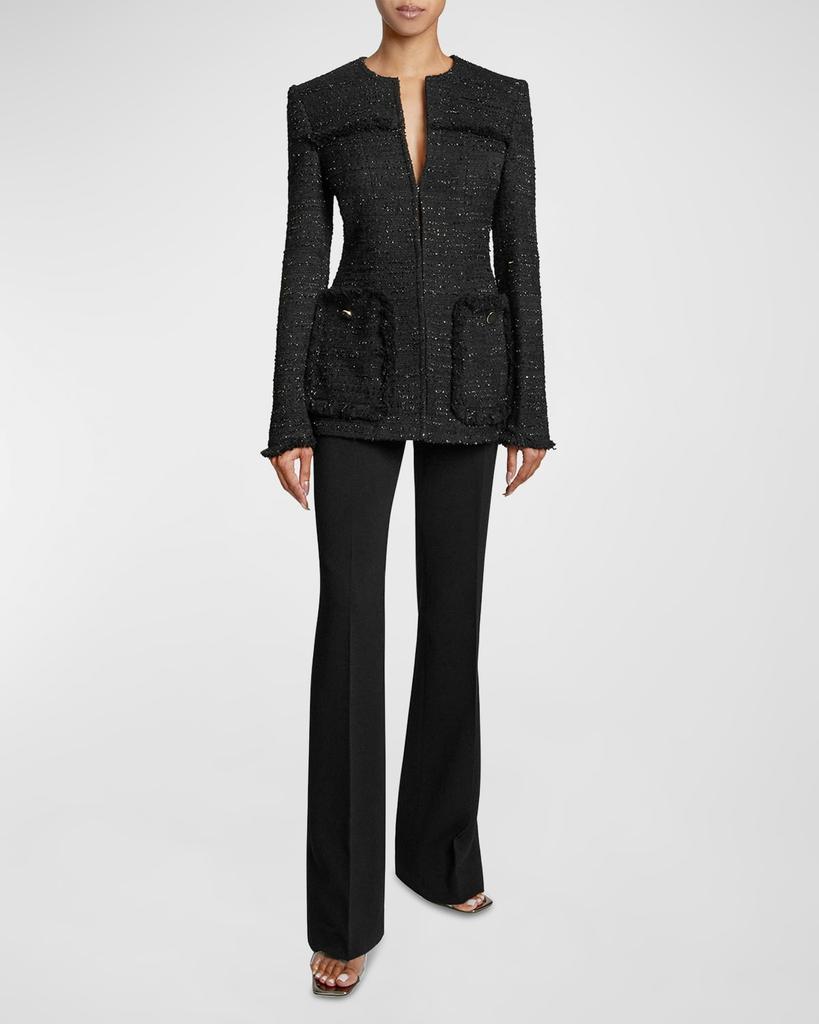 Santorelli Britt Fringe-Trim Speckled Tweed Jacket