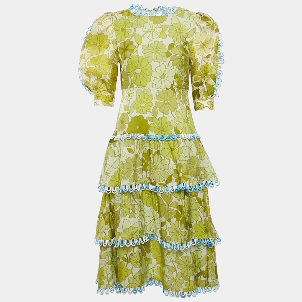 CeliaB CeliaB Green Floral Print Silk Blend Tiered Midi Erica Dress S