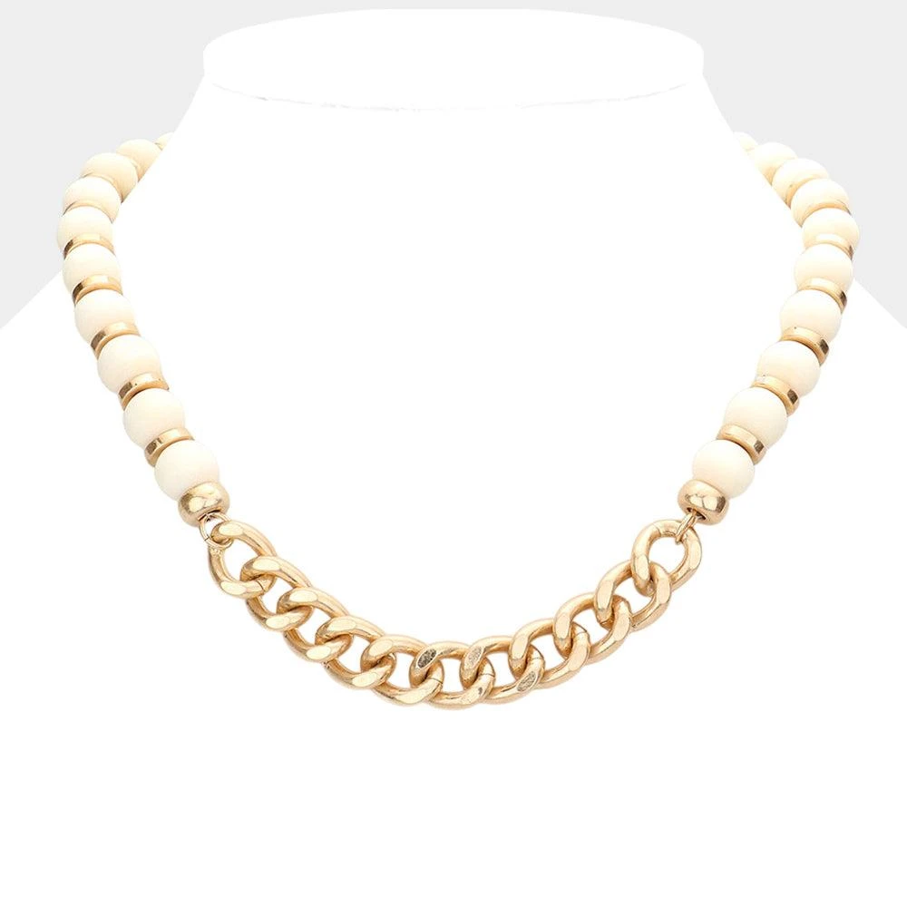 FASHNZFAB Metal Chain Link Accented Wood Necklace