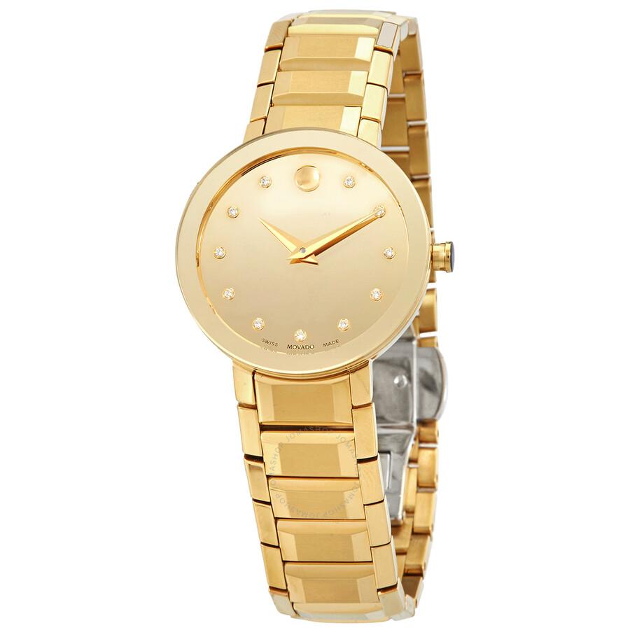 Movado Quartz Diamond Gold Dial Ladies Watch 0607550