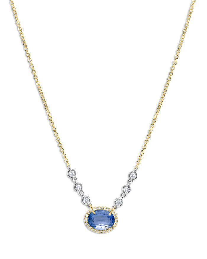 Meira T 14K White 
Yellow Gold Blue Sapphire 
Diamond Halo Pendant Necklace, 18"