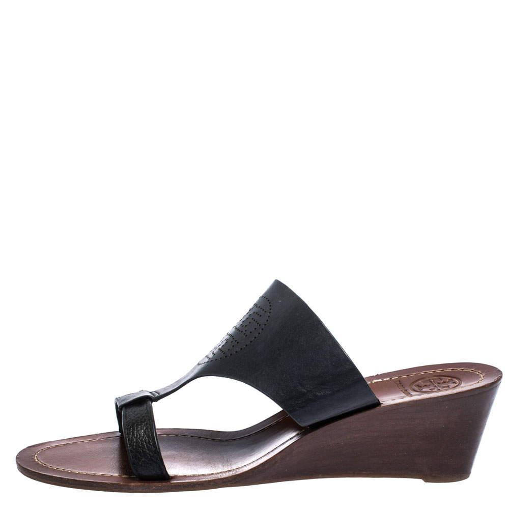 Tory Burch Tory Burch Black Perforated Logo Leatther Wedge Sandals Size 37.5
