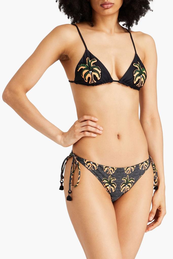 JOHANNA ORTIZ Zambia tasseled embroidered printed triangle bikini top