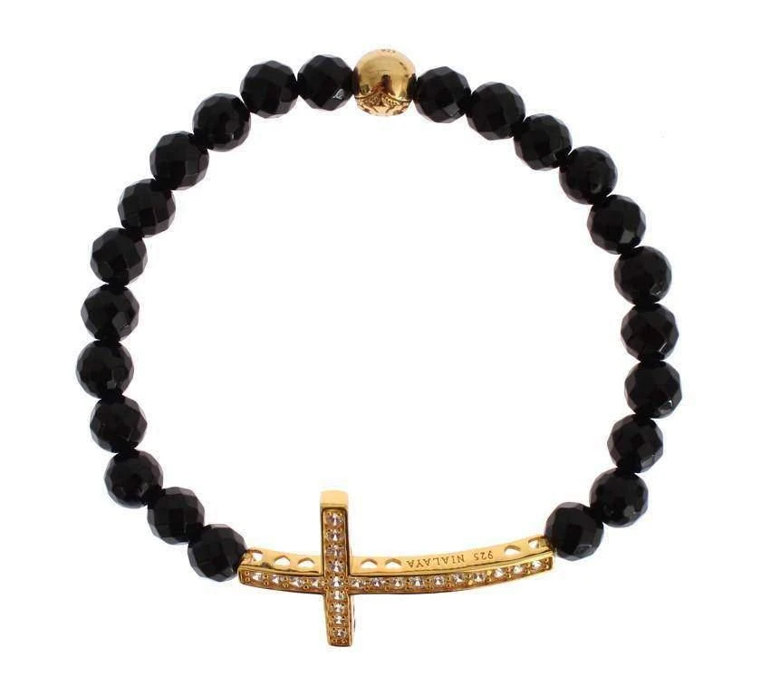 Nialaya Nialaya Agate Stone Gold CZ Cross 925 Silver Bracelet 1