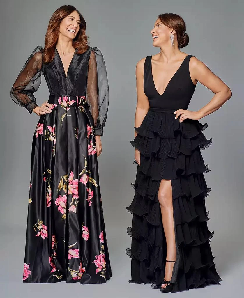 Betsy & Adam Women's Organza-Sleeve Floral Belted Gown 4