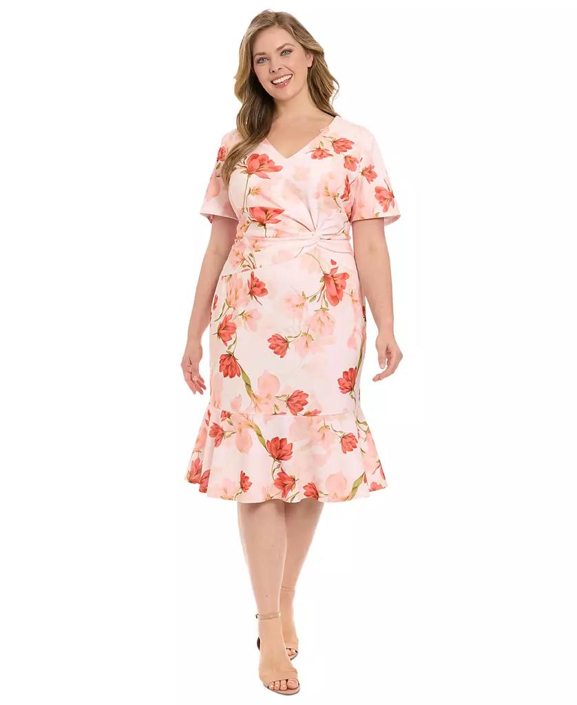 London Times Plus Size Floral Side-Knot Ruffle-Hem Dress