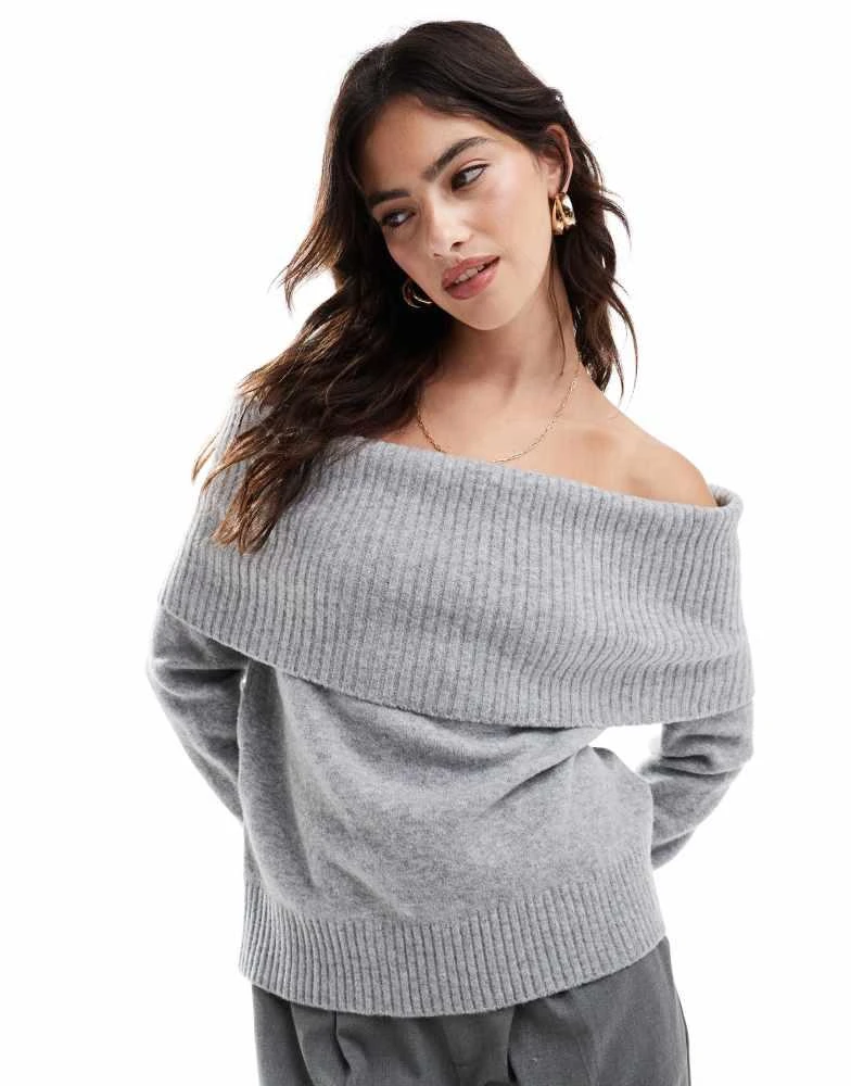 Pull&Bear oversized bardot knitted jumper in soft grey – On Sale