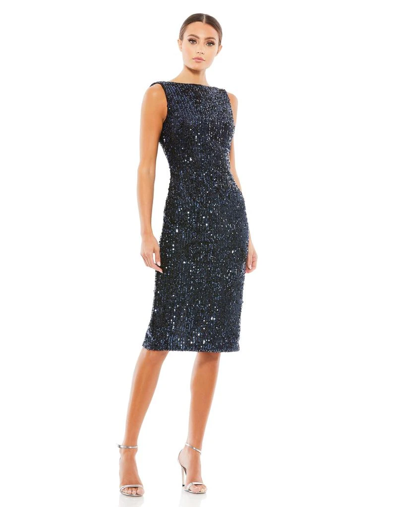 Ieena for Mac Duggal Draped Back Boatneck Sequined Cocktail Dress 1