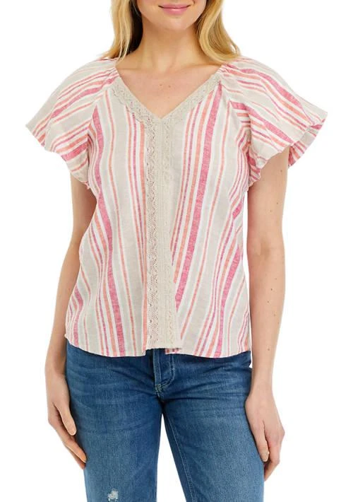 Cupio Womens Short Flutter Sleeve Striped Blouse 1