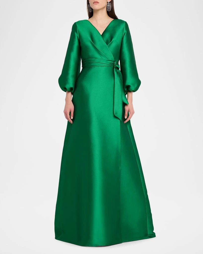 REEM ACRA Bishop-Sleeve Mikado Pique Wrap Gown 4