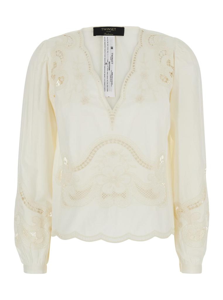 TWINSET White Blouse With V Neck And All-over Embroidery In Fabric Woman