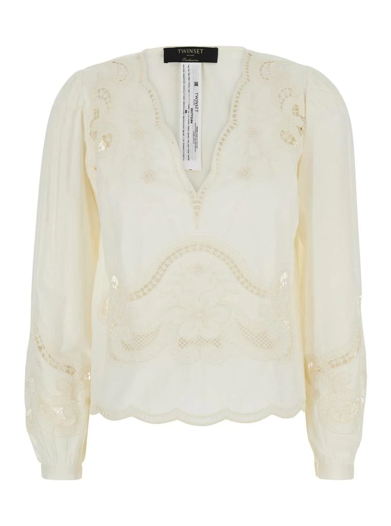TWINSET White Blouse With V Neck And All-over Embroidery In Fabric Woman 1
