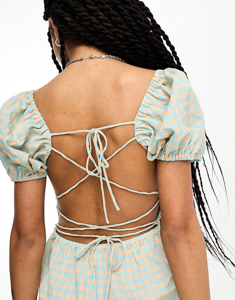 ONLY ONLY seersucker open back milkmaid mini dress in blue and cream gingham