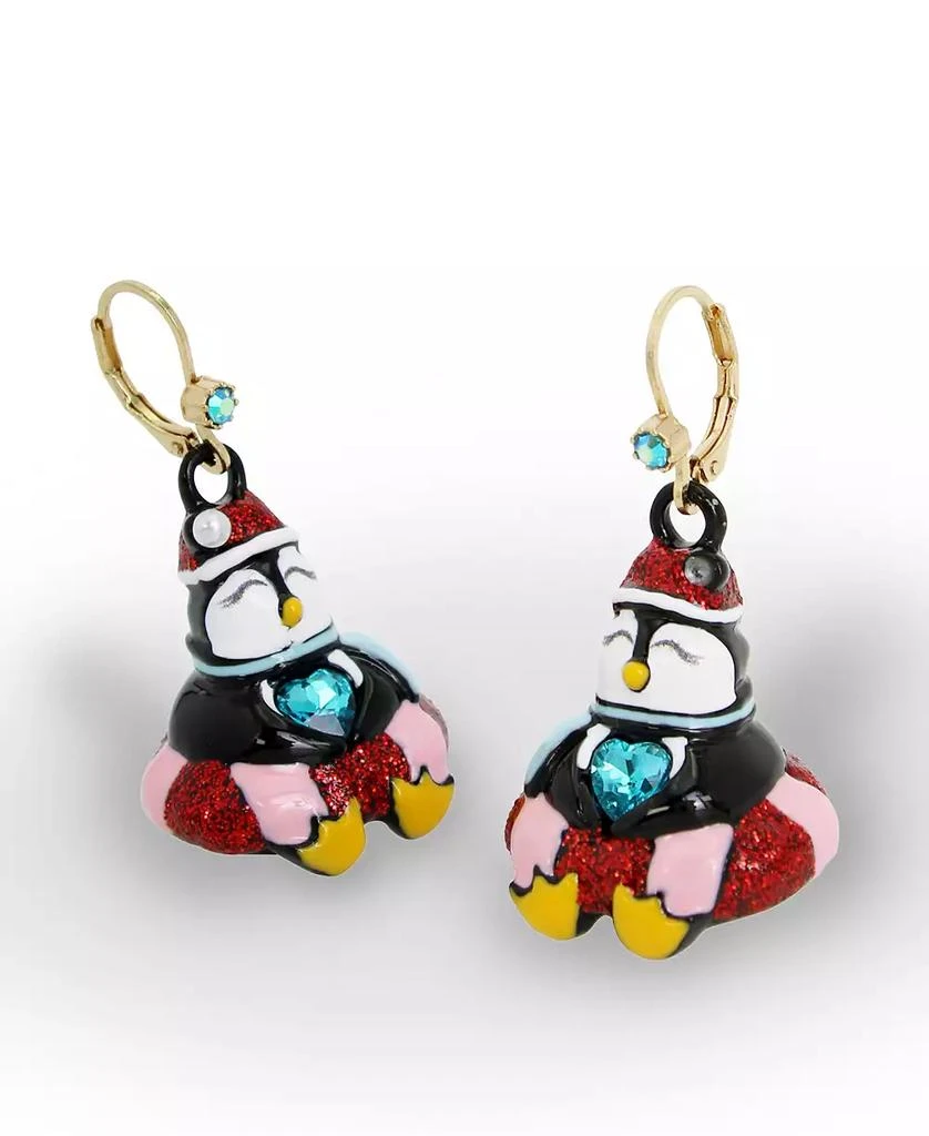 Betsey Johnson Faux Stone Jingle Bell Bling Christmas Penguin Drop Earrings 2