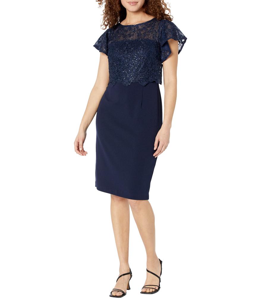 Adrianna Papell Sequin Guipure Lace Popover Top Sheath Dress