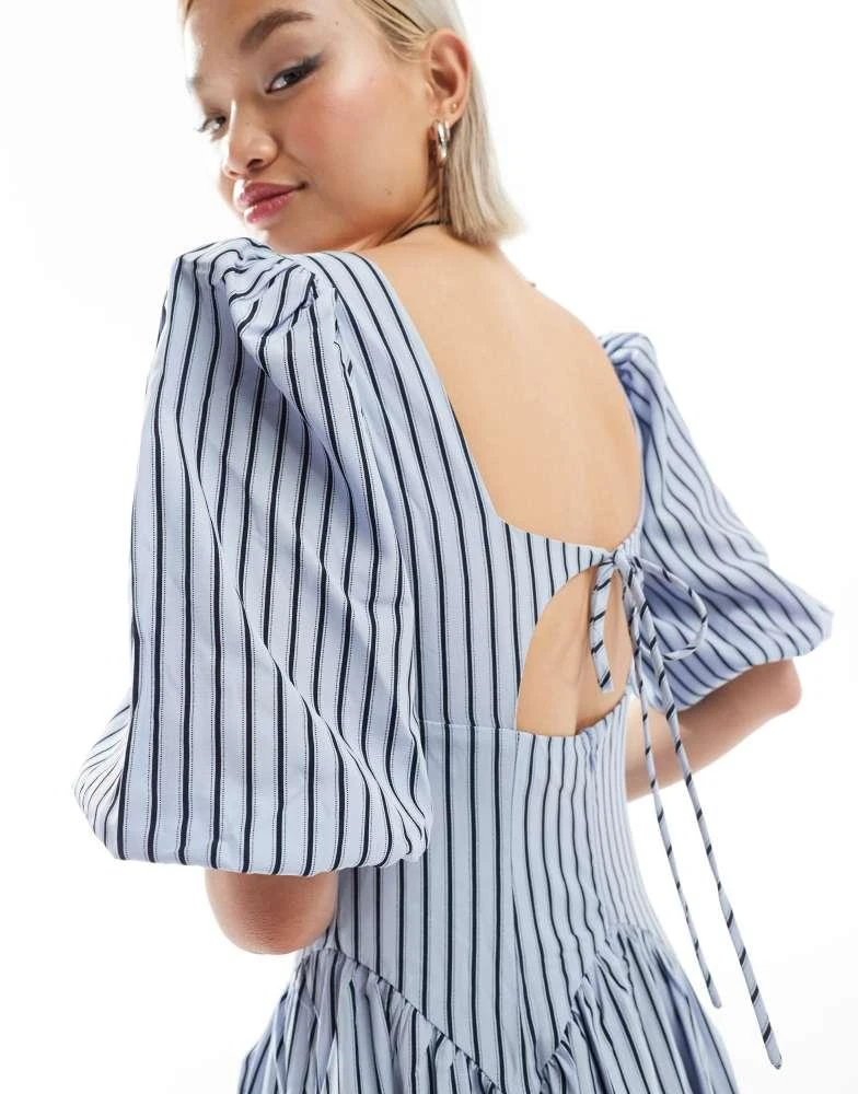 Glamorous Glamorous volume sleeve square neck drop waist maxi dress in blue stripe 3