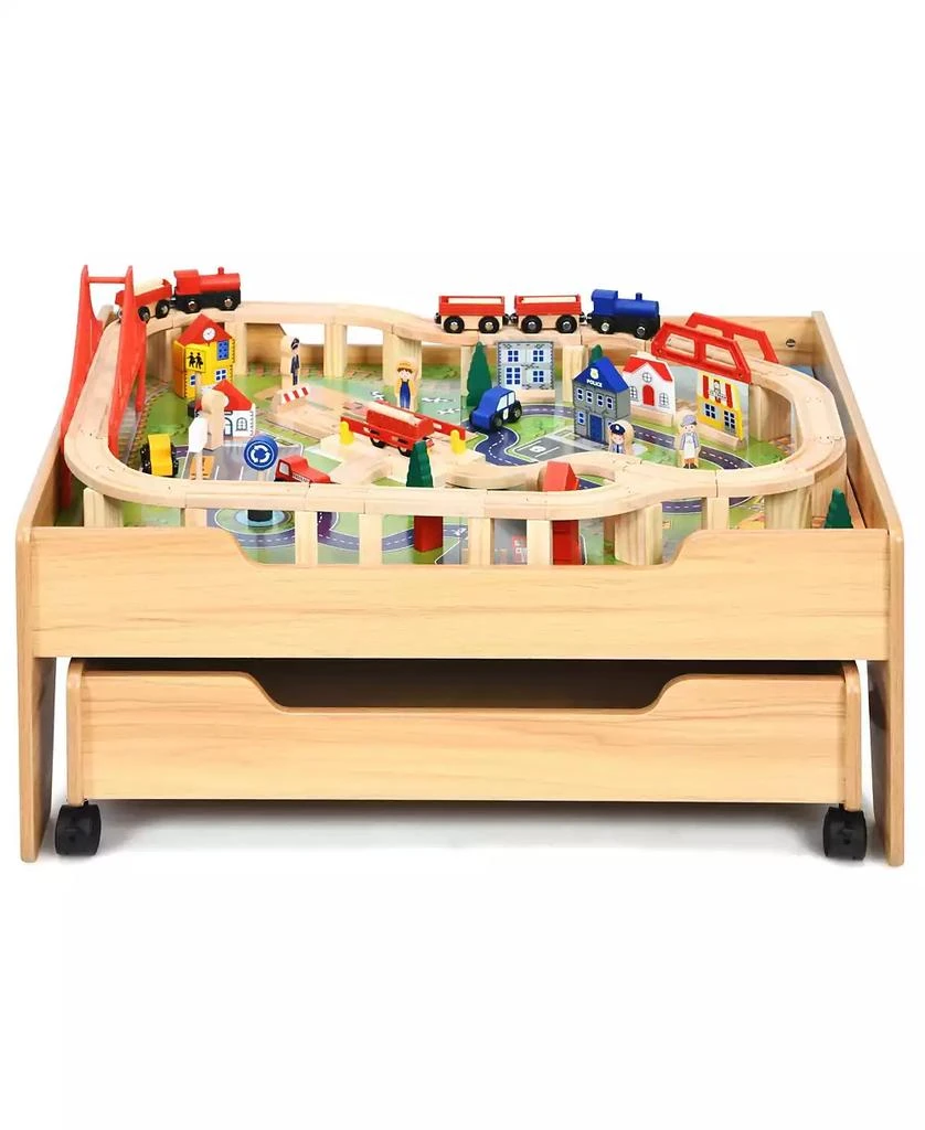 SUGIFT Children
s Wooden Railway Set Table with 100 Pieces Storage Drawers