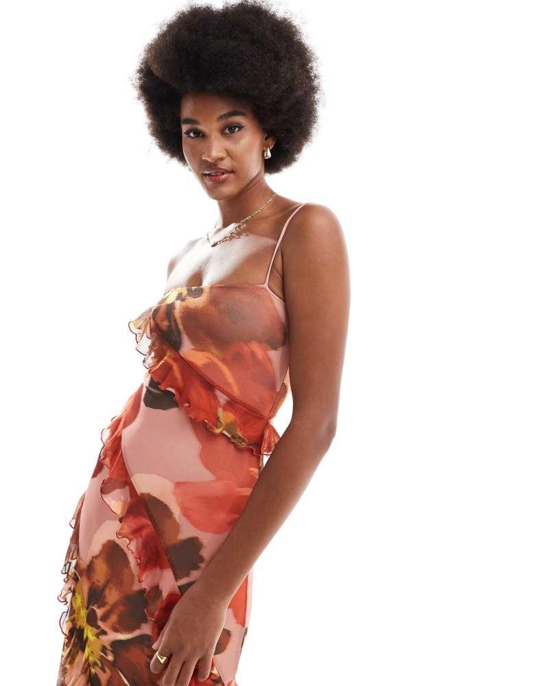 ASOS ASOS DESIGN Tall mesh off shoulder ruffle detail maxi dress in oversized pink floral print