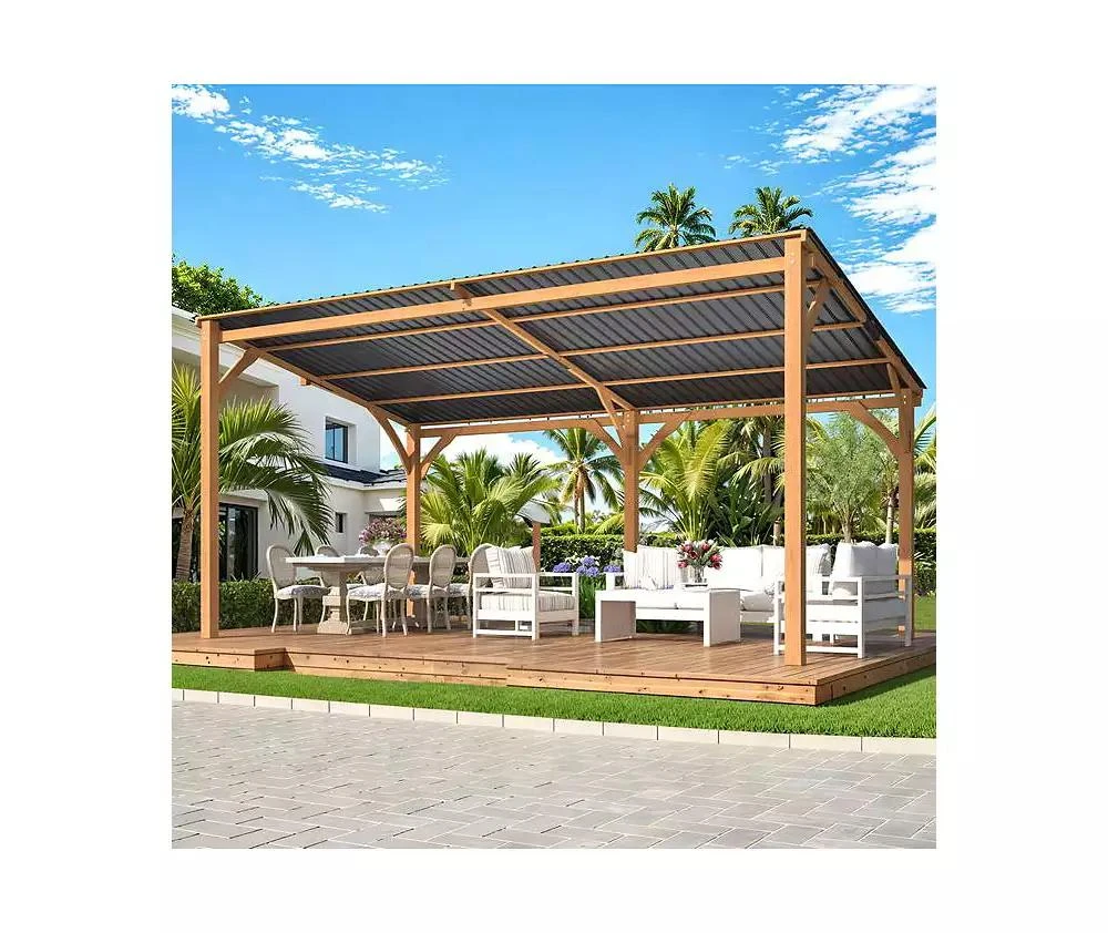 AECOJOY 16' x 10' Outdoor Wooden Gazebo, Patio Lean to Hardtop Pergolas and Gazebos