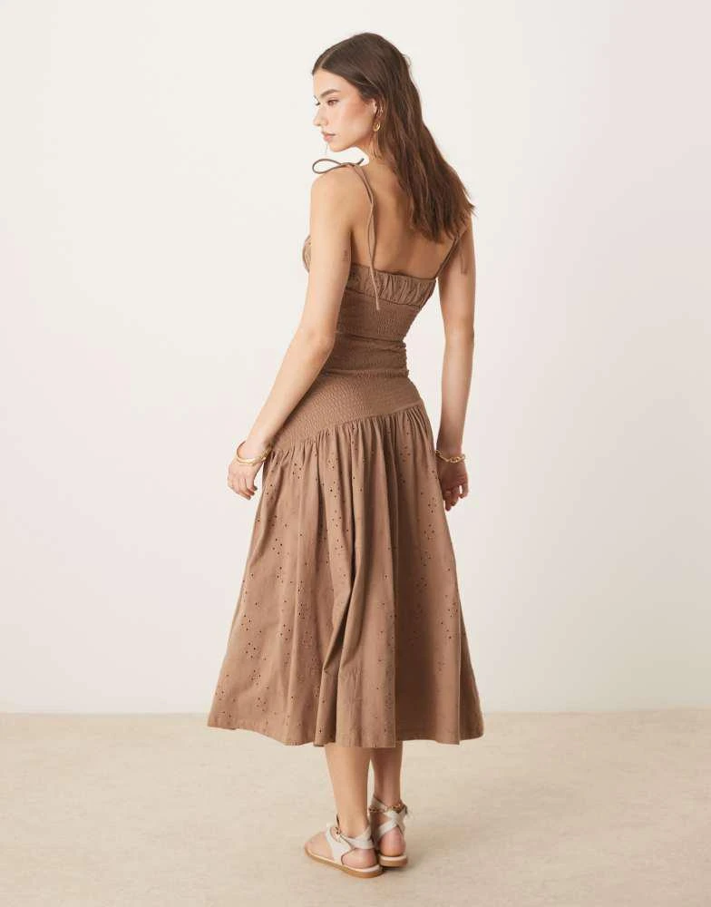 ASOS ASOS DESIGN broderie cami cut out ruched waist midi dress in chocolate  - Dresses & Skirts - Free Shipping - BeyondStyle