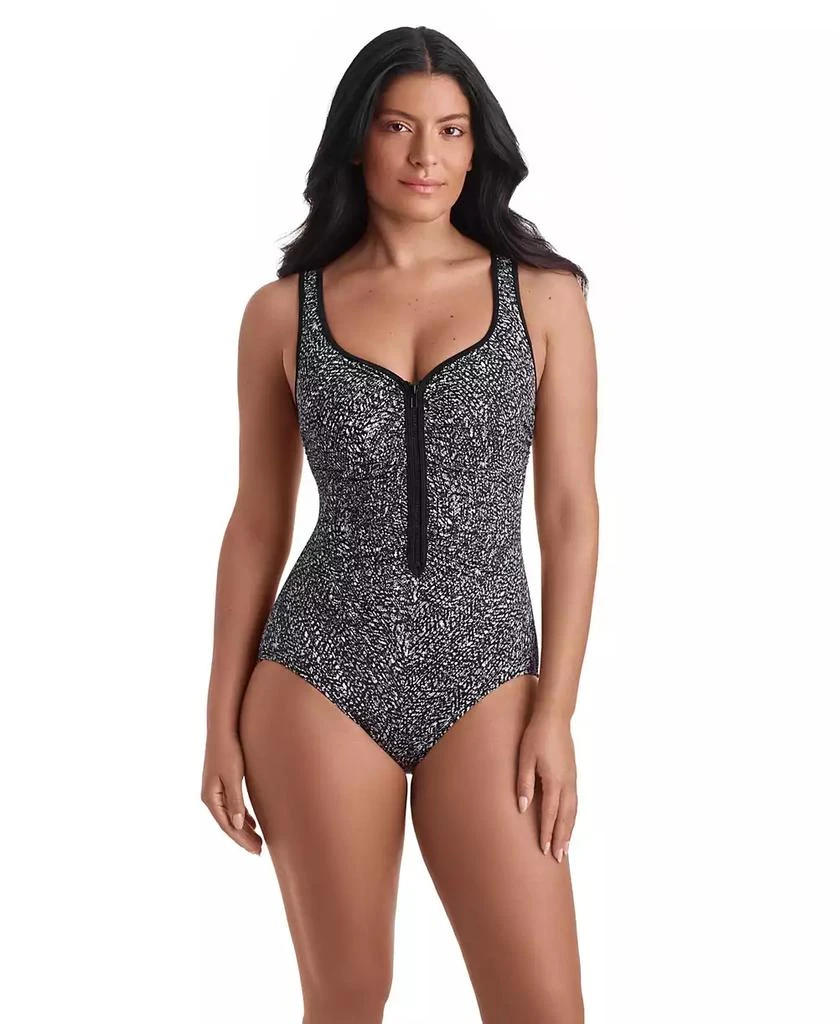 ShapeSolver Women
s Shirred Zipper One-Piece Swimsuit