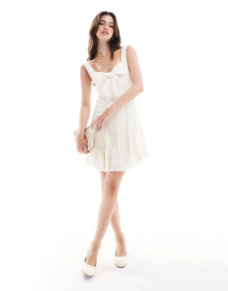 Miss Selfridge Miss Selfridge mixed texture bow front mini dress in stone 1